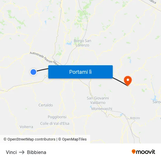 Vinci to Bibbiena map