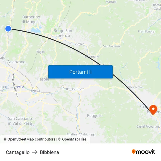 Cantagallo to Bibbiena map