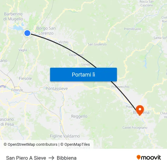 San Piero A Sieve to Bibbiena map