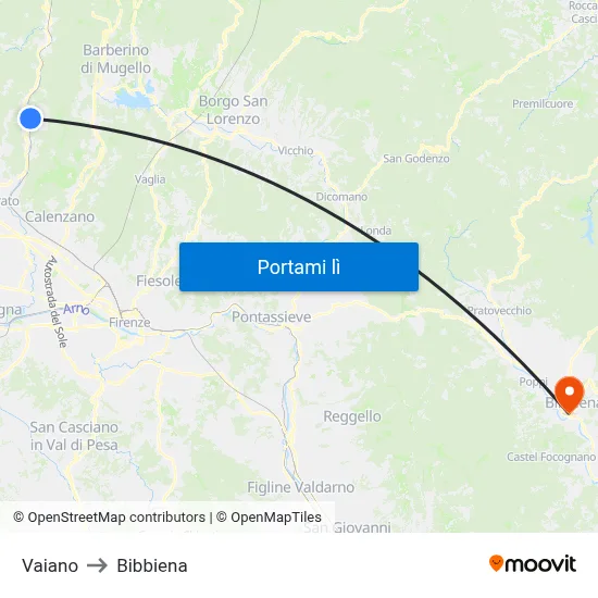 Vaiano to Bibbiena map