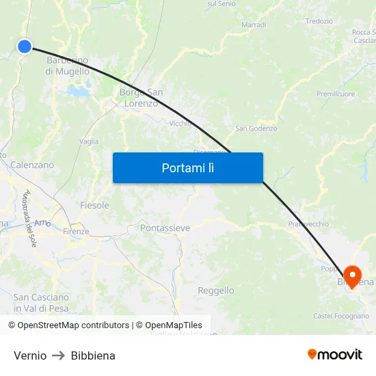 Vernio to Bibbiena map