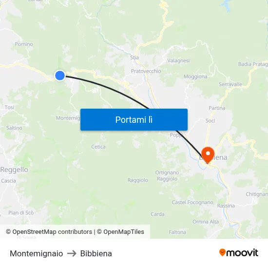Montemignaio to Bibbiena map