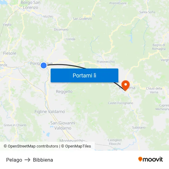Pelago to Bibbiena map