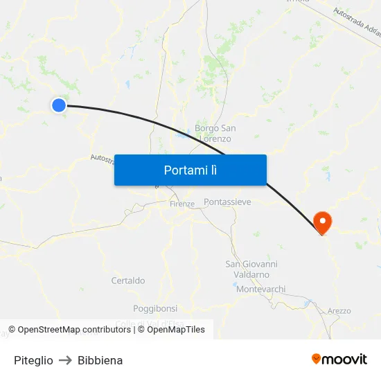 Piteglio to Bibbiena map