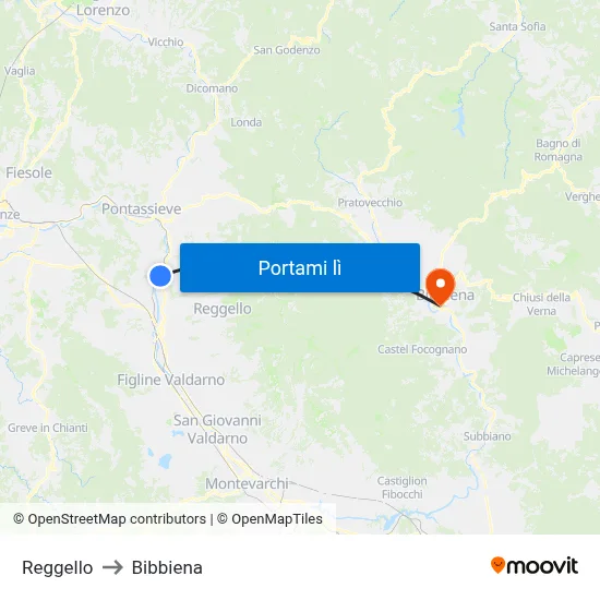 Reggello to Bibbiena map