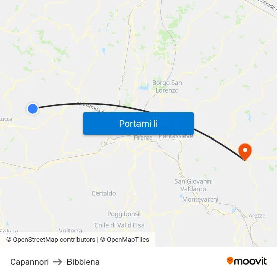 Capannori to Bibbiena map
