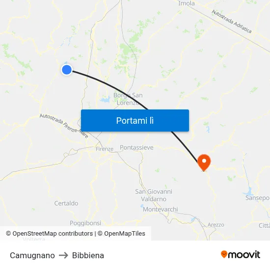 Camugnano to Bibbiena map