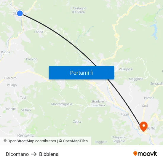 Dicomano to Bibbiena map