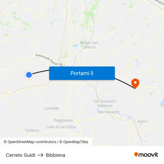 Cerreto Guidi to Bibbiena map