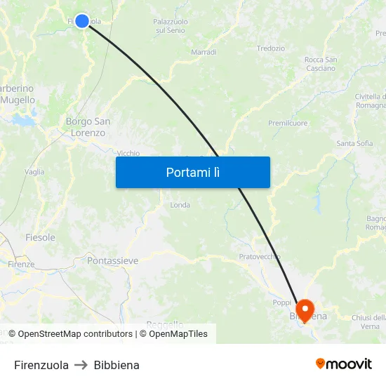 Firenzuola to Bibbiena map