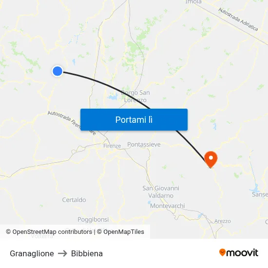 Granaglione to Bibbiena map