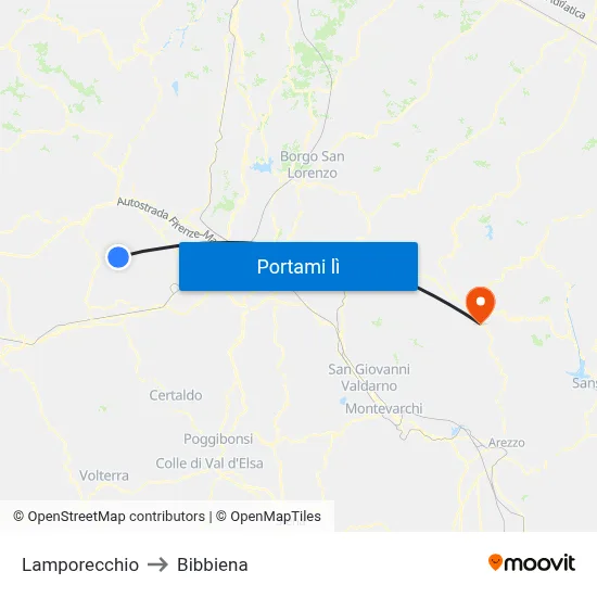 Lamporecchio to Bibbiena map