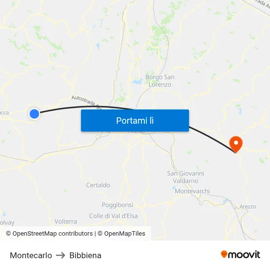 Montecarlo to Bibbiena map