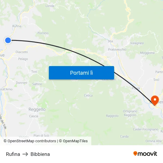 Rufina to Bibbiena map