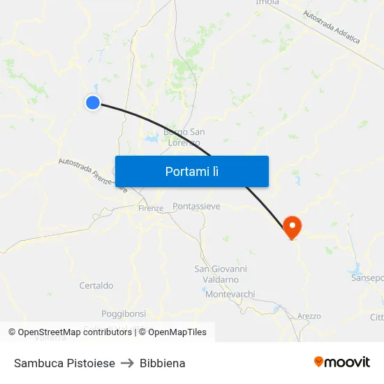 Sambuca Pistoiese to Bibbiena map