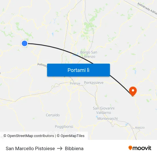 San Marcello Pistoiese to Bibbiena map