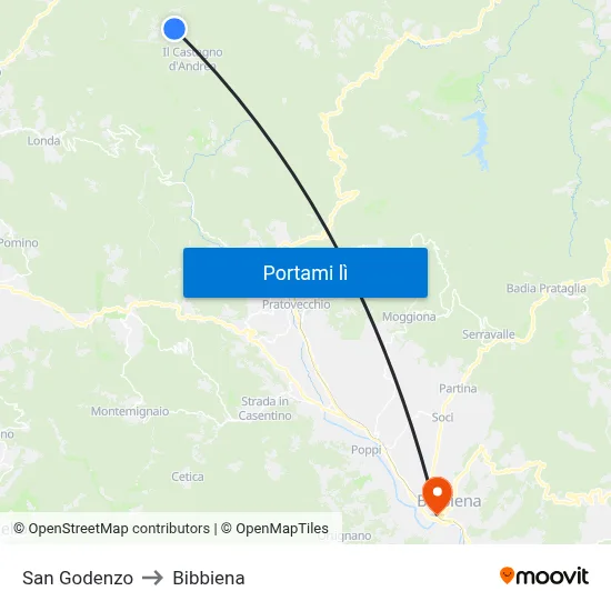 San Godenzo to Bibbiena map