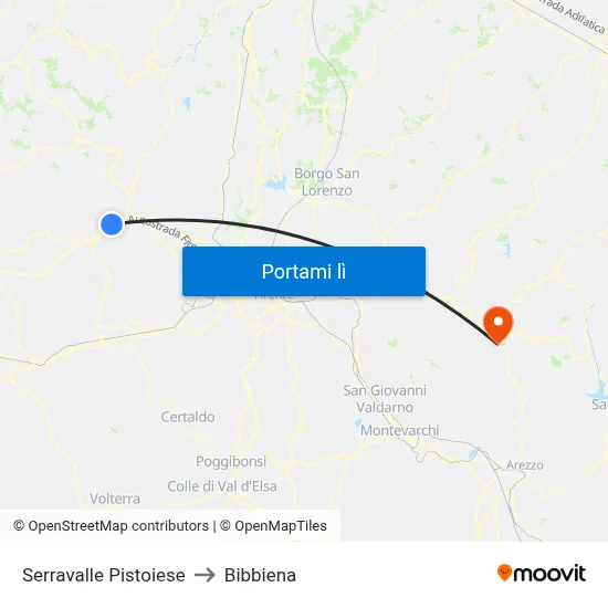Serravalle Pistoiese to Bibbiena map