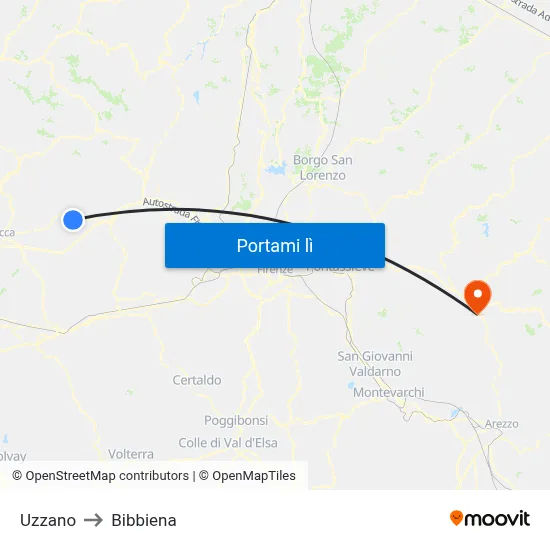Uzzano to Bibbiena map