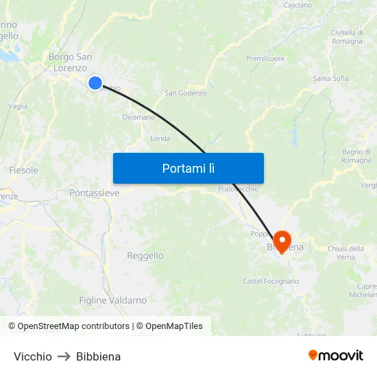 Vicchio to Bibbiena map
