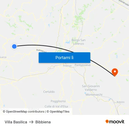 Villa Basilica to Bibbiena map
