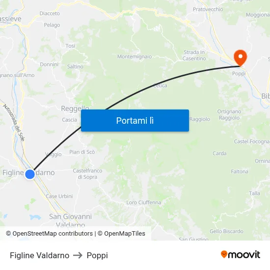 Figline Valdarno to Poppi map