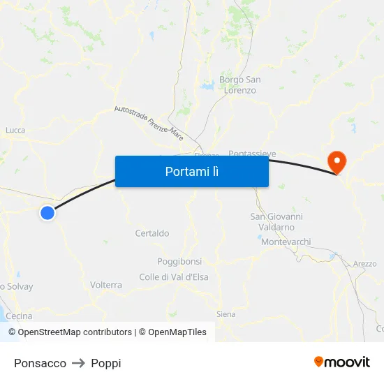 Ponsacco to Poppi map