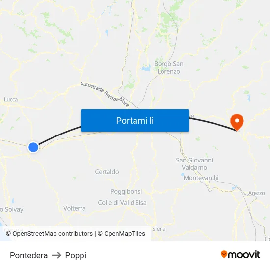 Pontedera to Poppi map