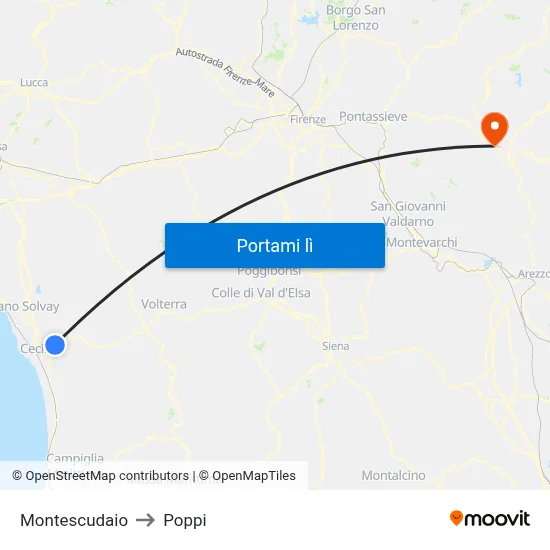 Montescudaio to Poppi map