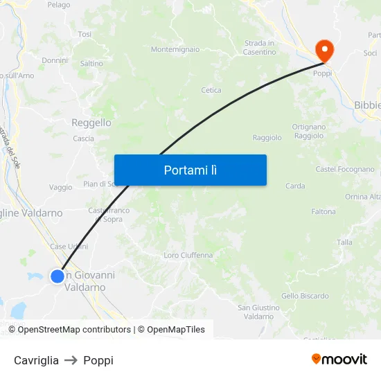 Cavriglia to Poppi map