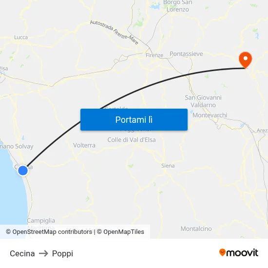 Cecina to Poppi map