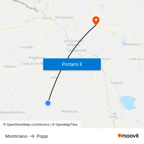 Monticiano to Poppi map