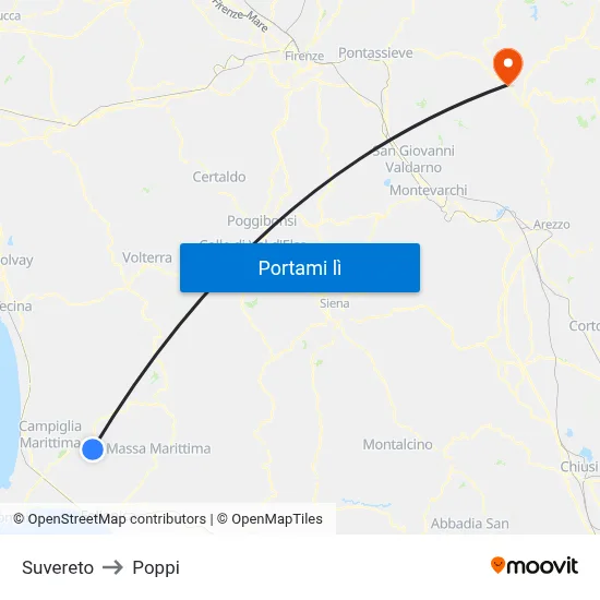 Suvereto to Poppi map
