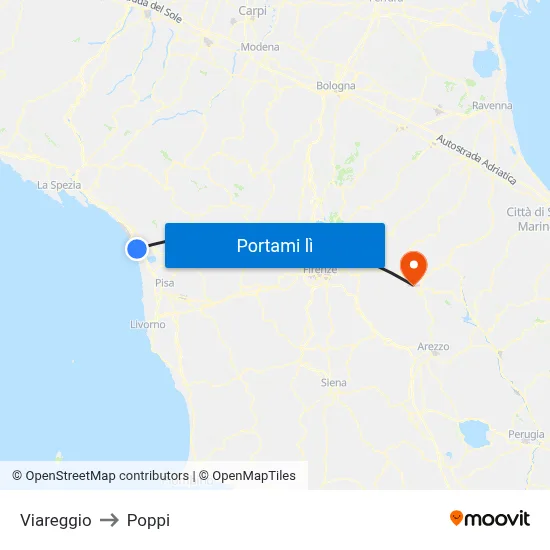 Viareggio to Poppi map