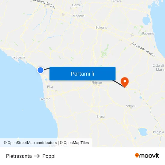 Pietrasanta to Poppi map
