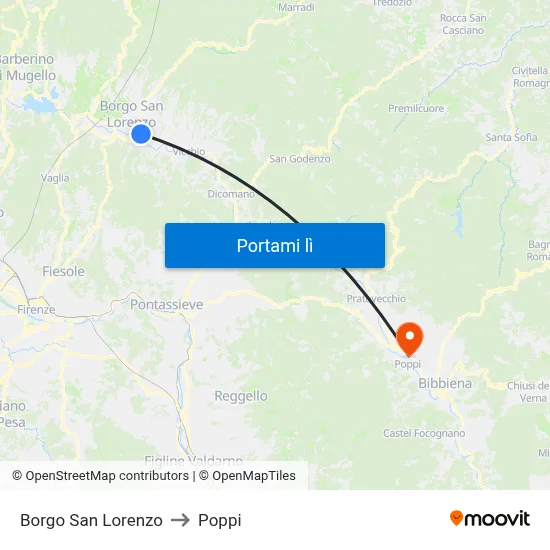 Borgo San Lorenzo to Poppi map