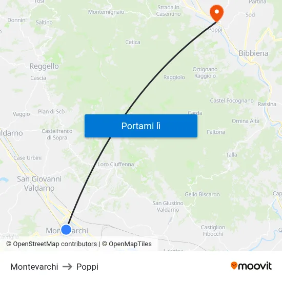Montevarchi to Poppi map