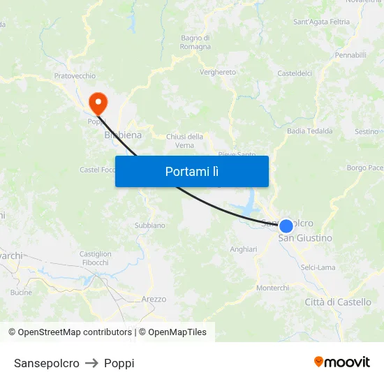 Sansepolcro to Poppi map