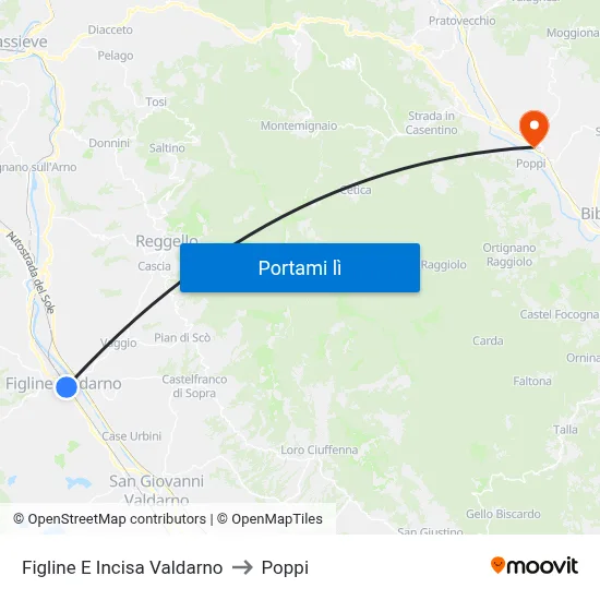 Figline E Incisa Valdarno to Poppi map