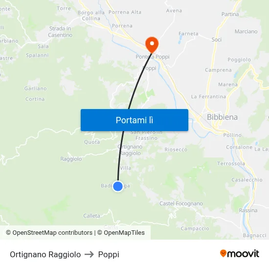 Ortignano Raggiolo to Poppi map
