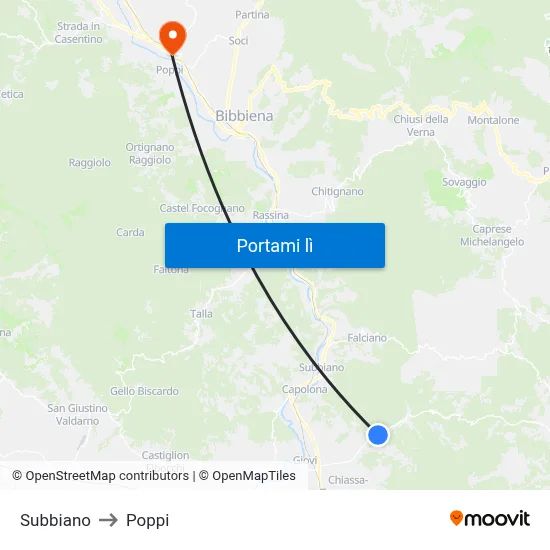 Subbiano to Poppi map