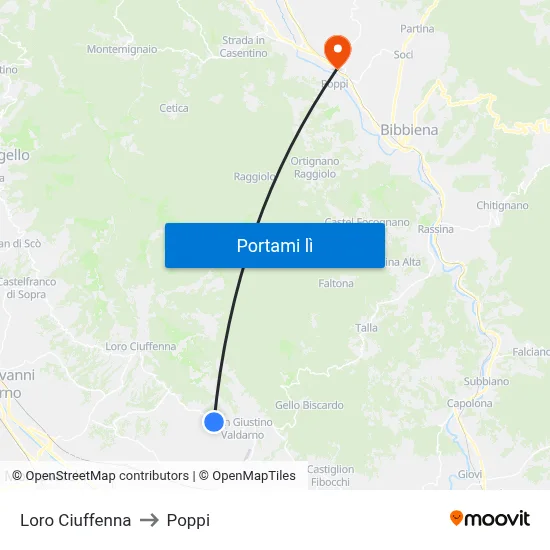 Loro Ciuffenna to Poppi map