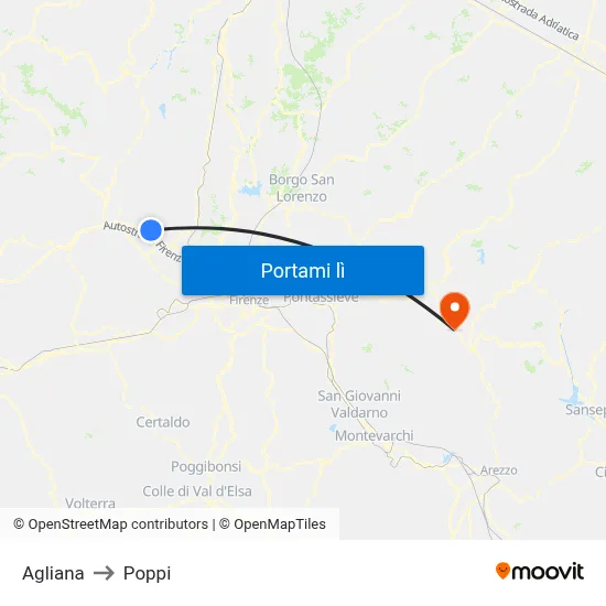 Agliana to Poppi map