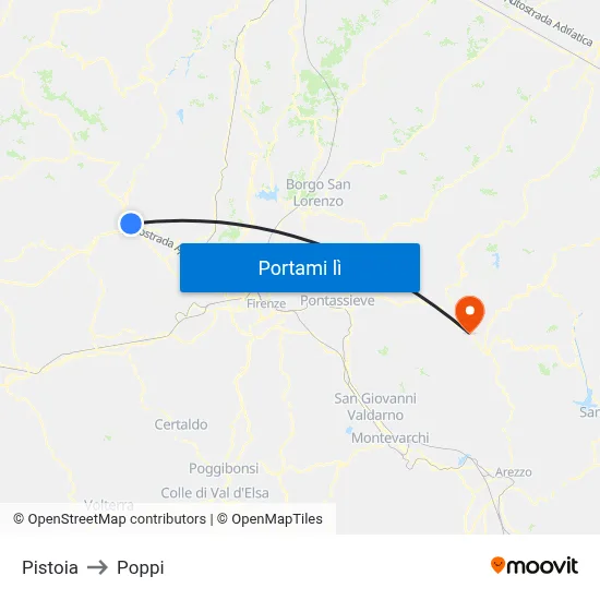 Pistoia to Poppi map