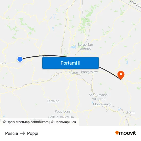 Pescia to Poppi map