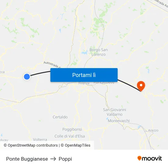 Ponte Buggianese to Poppi map
