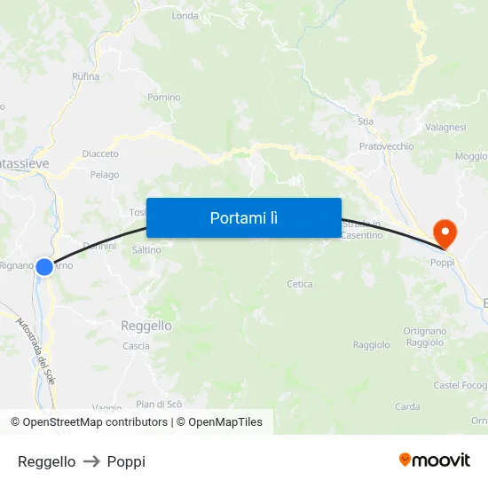 Reggello to Poppi map