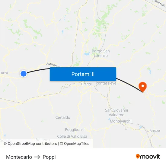 Montecarlo to Poppi map