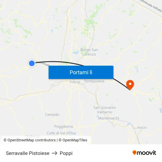 Serravalle Pistoiese to Poppi map