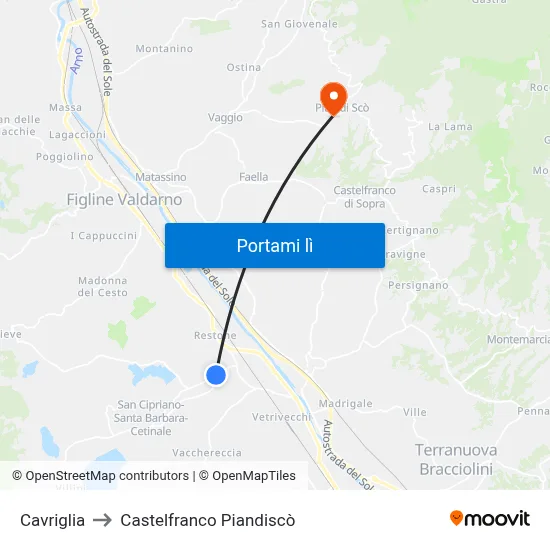 Cavriglia to Castelfranco Piandiscò map